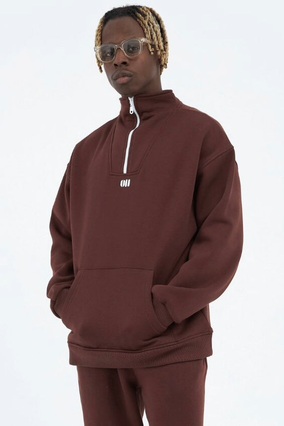 Zipper Hoodie Sweater Cotton Sweatshirt mit Stickerei halbem Reißverschluss Drop Shoulder
