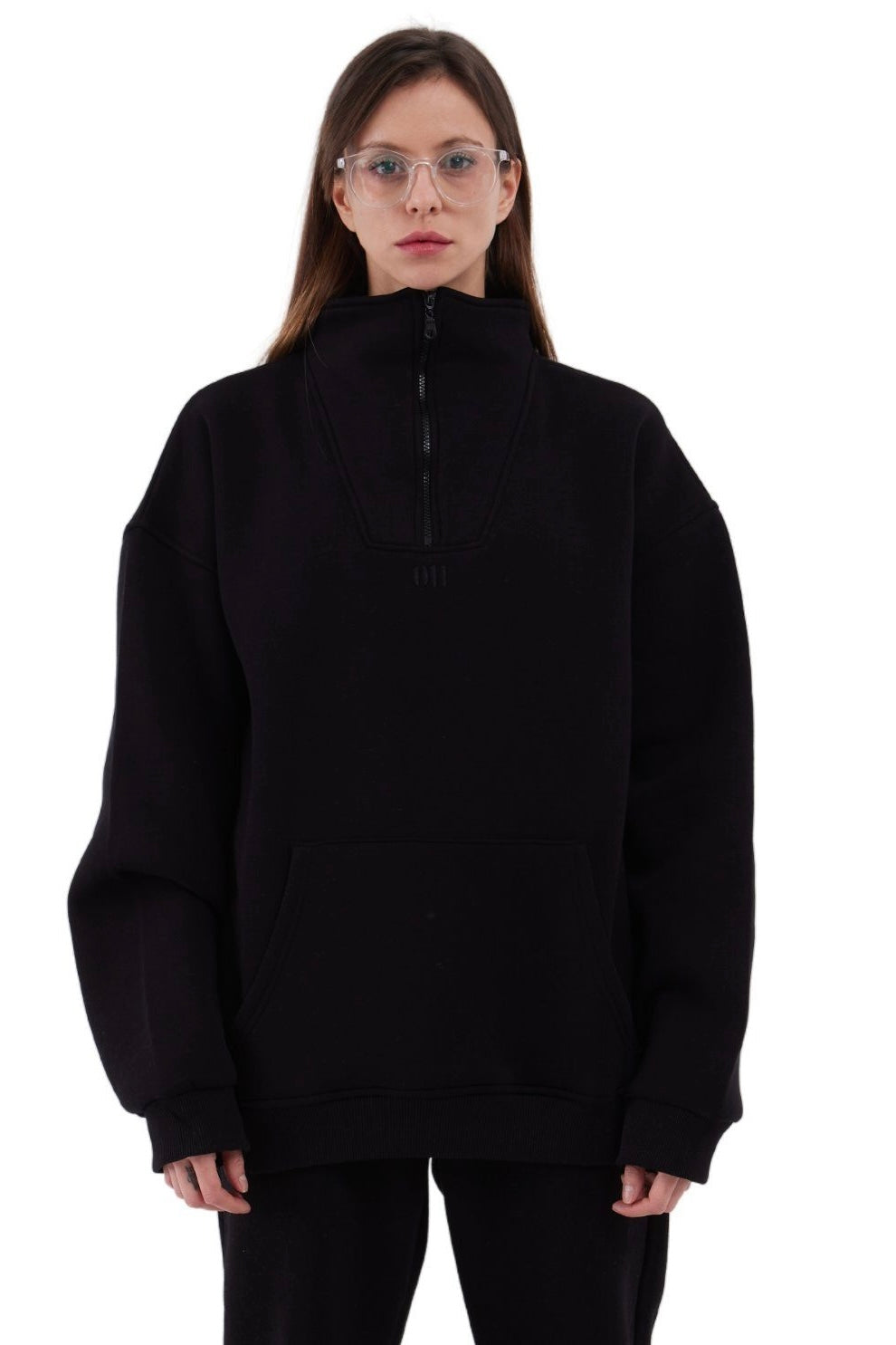 Zipper Damen Sweater Cotton Sweatshirt mit Stickerei halbem Reißverschluss 320 gsm