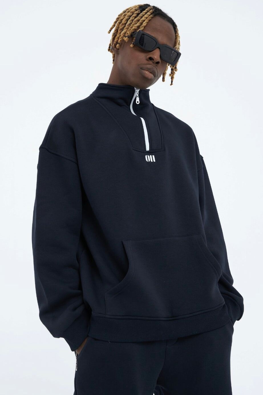 Zipper Hoodie Sweater Cotton Sweatshirt mit Stickerei halbem Reißverschluss Drop Shoulder