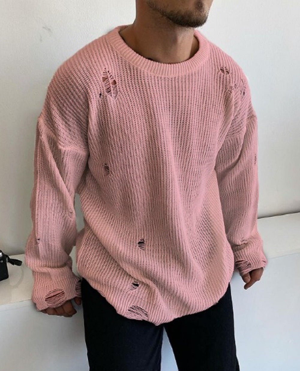 Männer Knit mit Riss Drop Shoulder Pullover Oversize