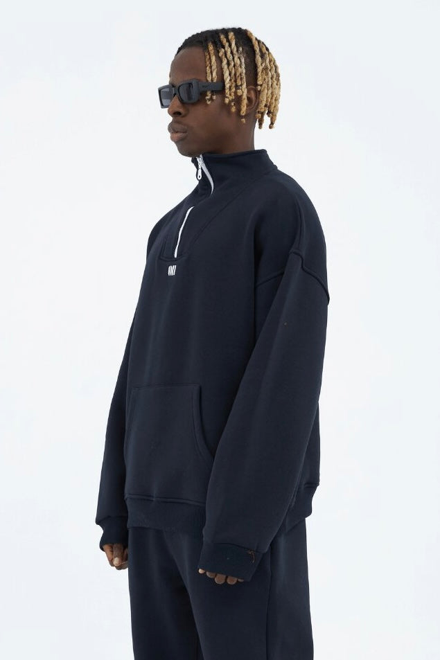 Zipper Hoodie Sweater Cotton Sweatshirt mit Stickerei halbem Reißverschluss Drop Shoulder