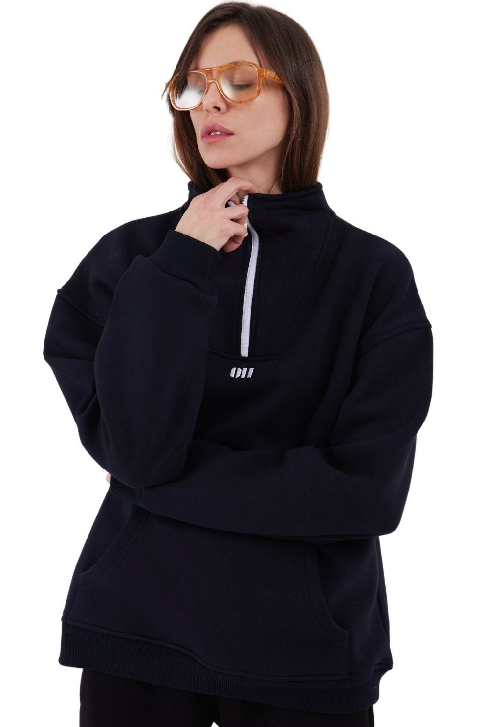 Zipper Damen Sweater Cotton Sweatshirt mit Stickerei halbem Reißverschluss 320 gsm