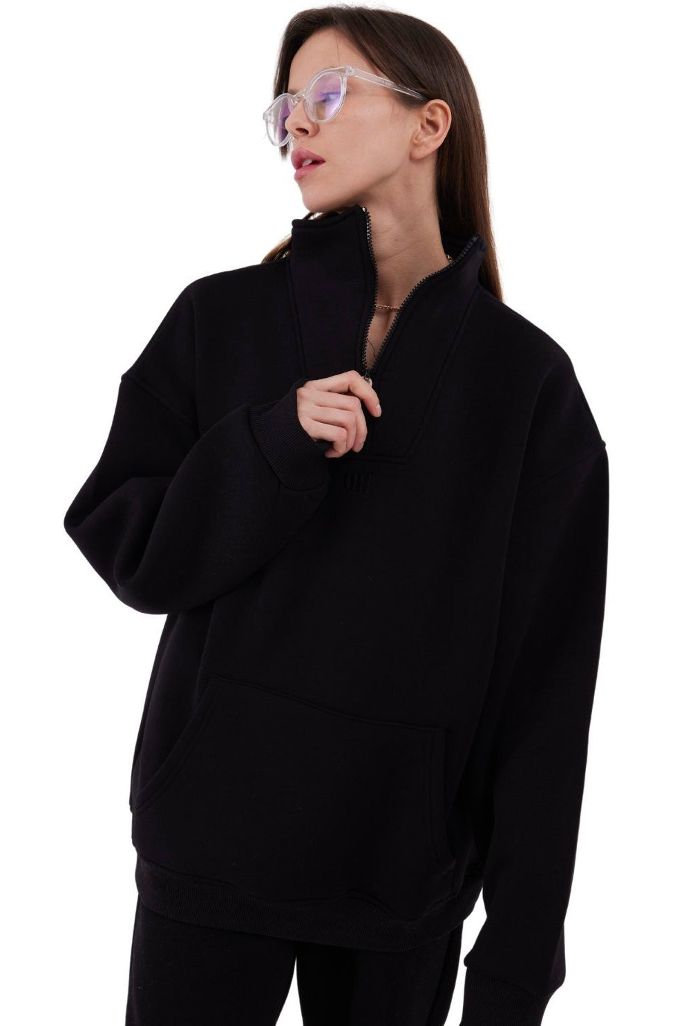 Zipper Damen Sweater Cotton Sweatshirt mit Stickerei halbem Reißverschluss 320 gsm