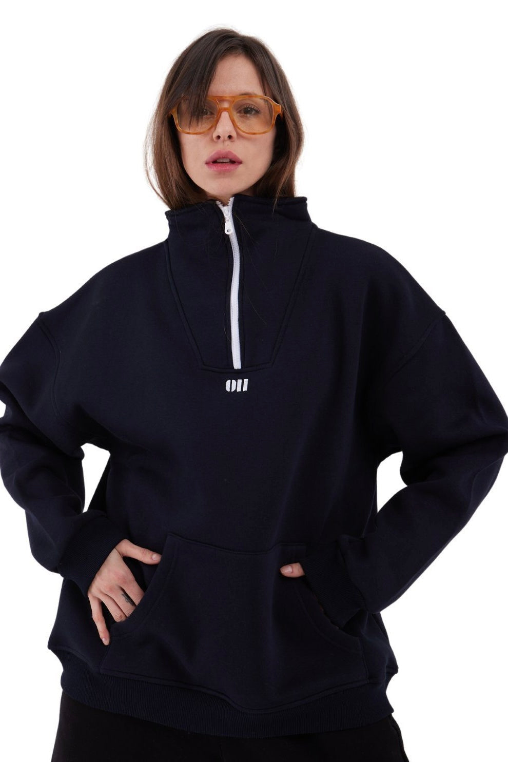 Zipper Damen Sweater Cotton Sweatshirt mit Stickerei halbem Reißverschluss 320 gsm