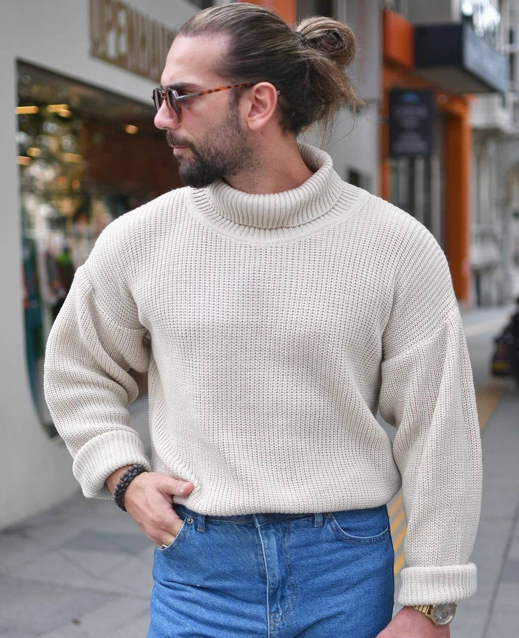 Männer Pullover mit Rollkragen, Drop Shoulder Oversize Fit Herren