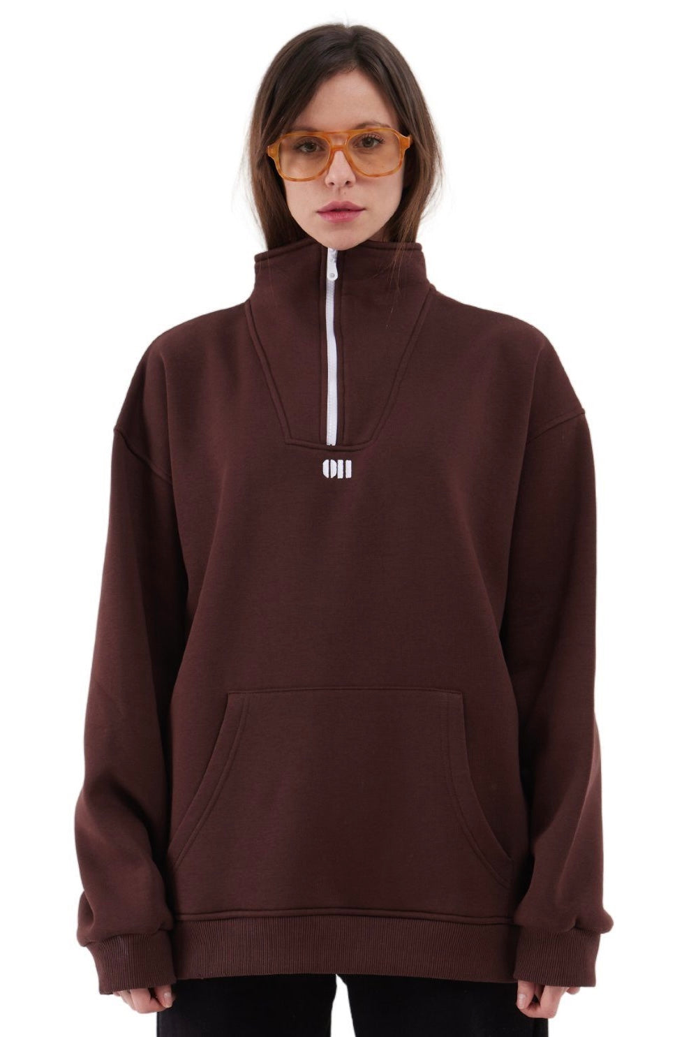 Zipper Damen Sweater Cotton Sweatshirt mit Stickerei halbem Reißverschluss 320 gsm