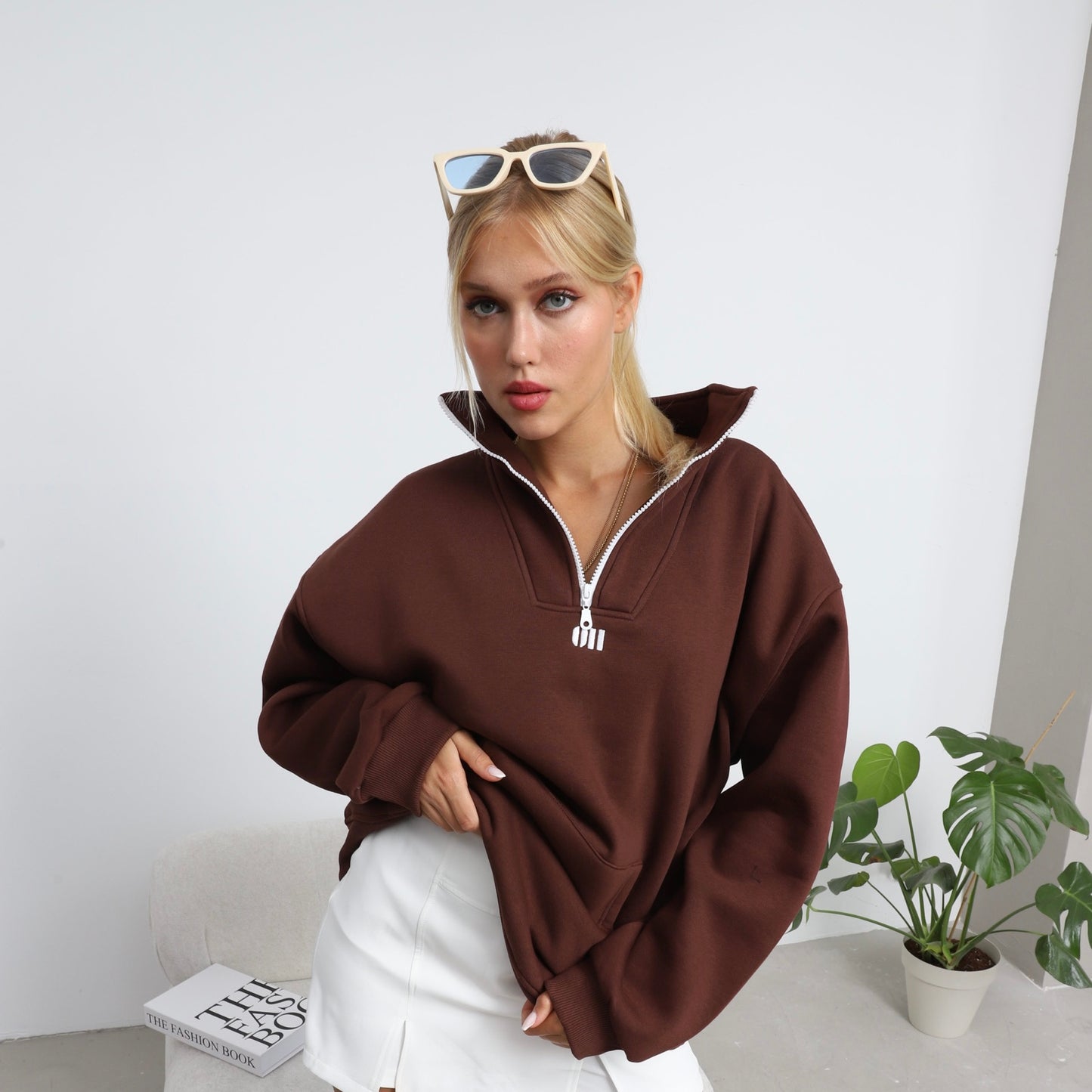 Zipper Damen Sweater Cotton Sweatshirt mit Stickerei halbem Reißverschluss 320 gsm